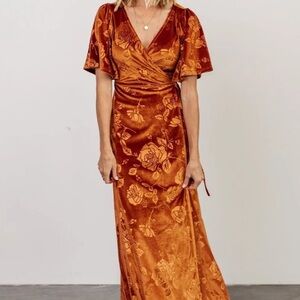 Baltic Born Danielle Floral Embossed Velvet Maxi Wrap Dress Rust